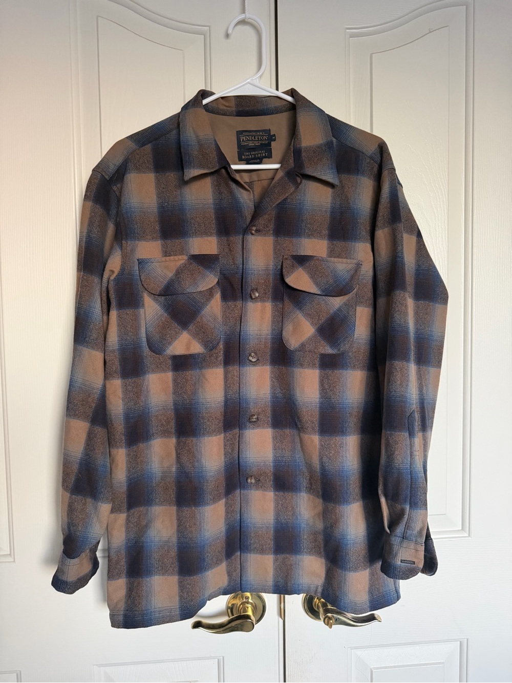 Pendleton Blue and Tan Plaid Wool Board Shirt